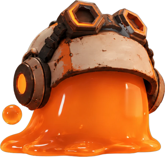 The Oddworks slime: an orange blob in a battered workshop helmet with hex goggles and headphones